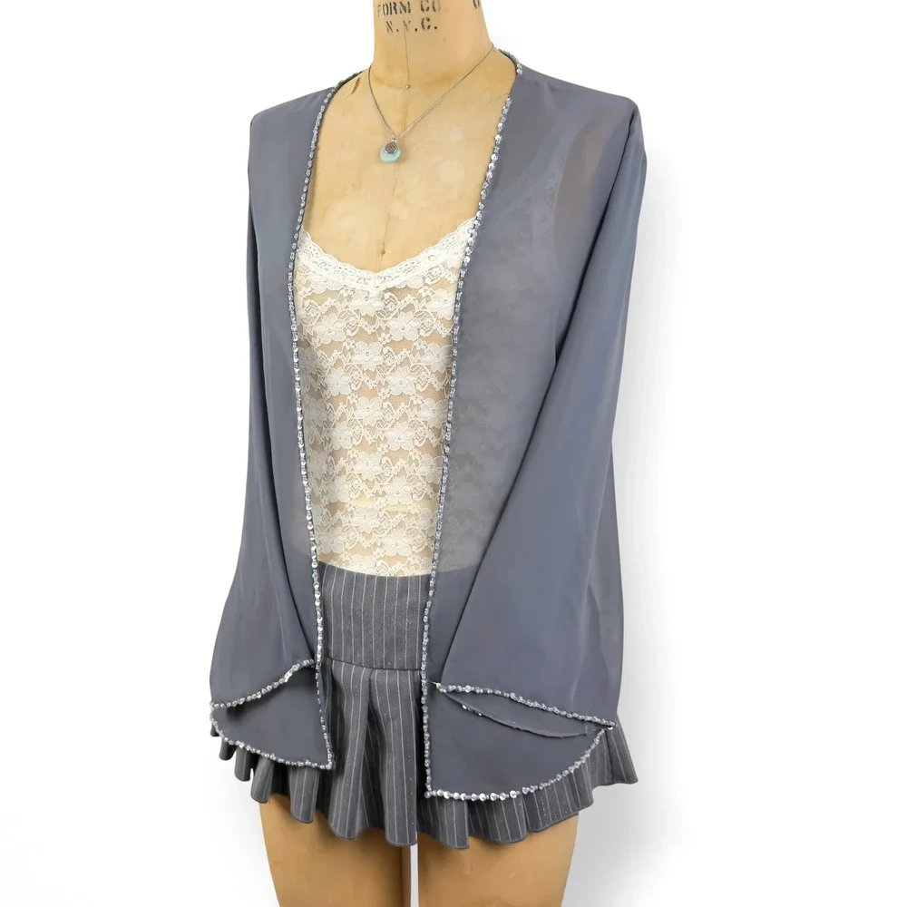 Y2K Sequin Trim Sheer Cardigan Open Front Fairy Grunge Whimsical Size M-XL - Picture 5 of 10